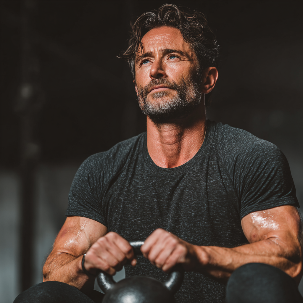 Active mature man in his 40s doing functional fitness exercises with kettlebells in a professional gym setting, demonstrating proper technique and concentration